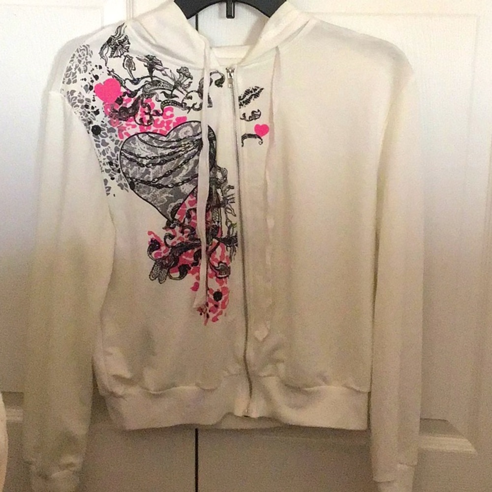 white zip up hoodie w/ black and pink leopard print and heart design womens sz m